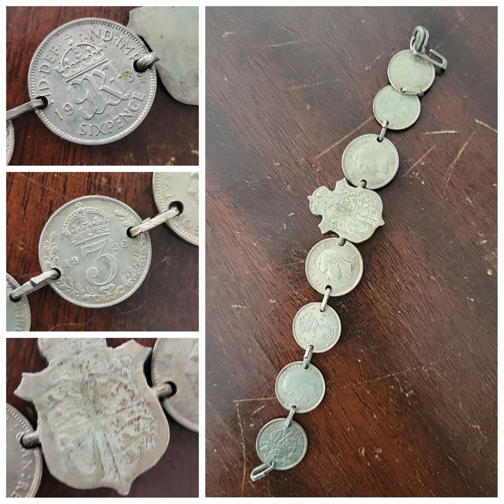 Vtg 1919-1940 British King Threepence Sixpence Silver Coins 6.5" Charm Bracelet